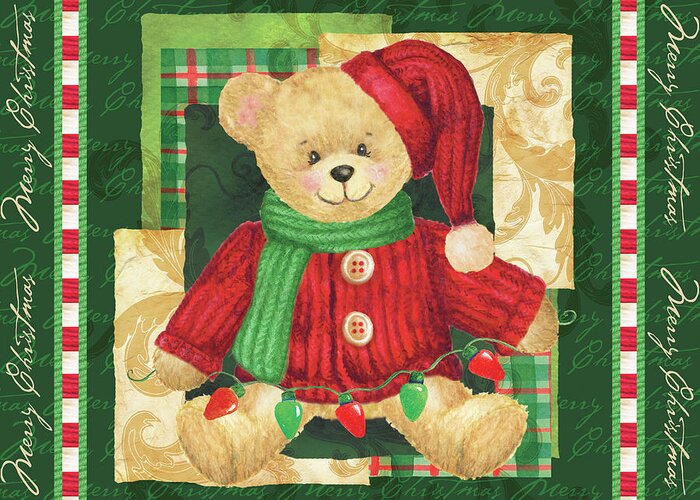 Teddy Bear With Gren Scarf And Red Hat And Coat Greeting Card featuring the painting Christmas Bear 1 by Maria Trad