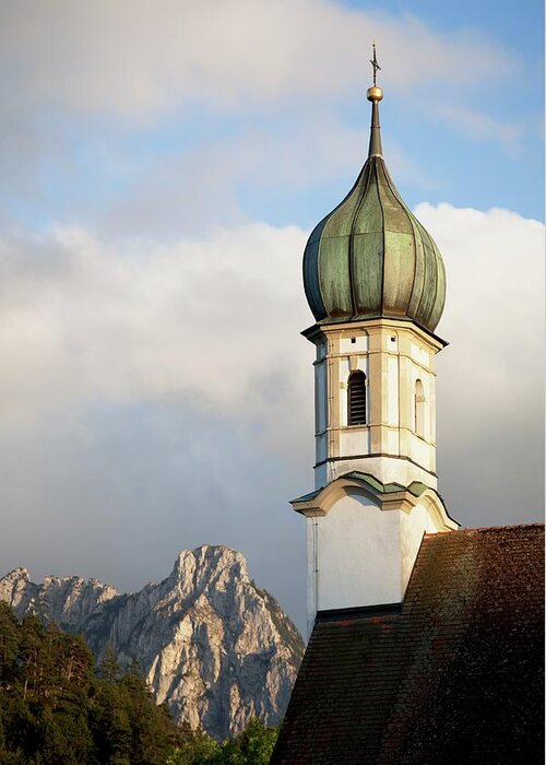 Built Structure Greeting Card featuring the photograph Church Bell Tower With A Mountain Peak by Design Pics / Michael Interisano