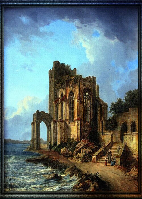 Church Ruins By The Sea Greeting Card featuring the painting Church Ruins By The Sea by Domenico Quaglio the Younger by Rolando Burbon