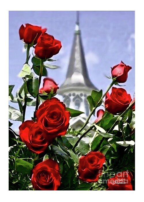 Churchill Downs Greeting Card featuring the digital art Churchill Downs Spire and Roses by CAC Graphics