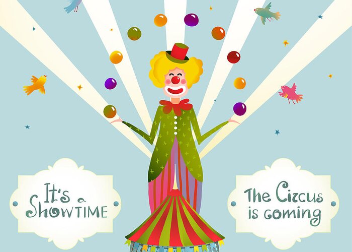 Magic Greeting Card featuring the digital art Circus Juggling Clown Carnival Show by Popmarleo