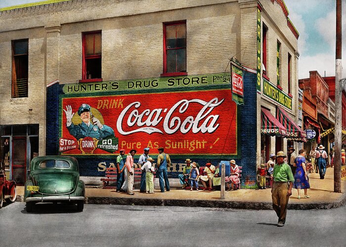 Georgia Greeting Card featuring the photograph City - Greensboro GA - Hunter's Drug Store 1939 by Mike Savad