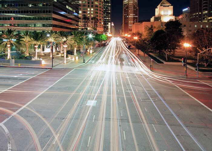 Downtown District Greeting Card featuring the photograph City Light Trails On Street In Downtown by Eric Lo