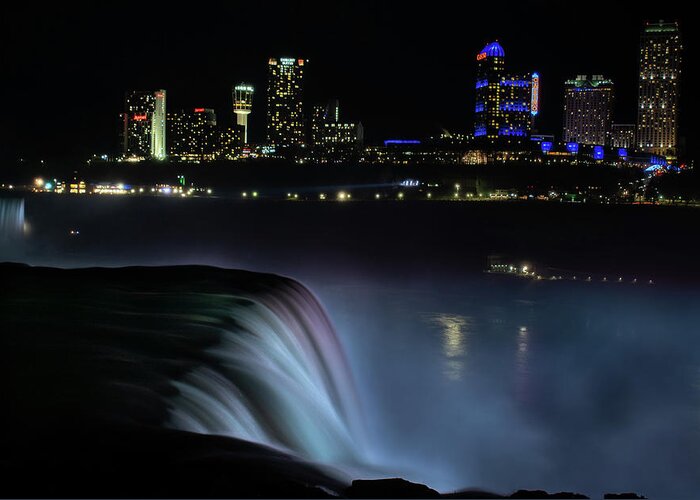 Niagara Falls Greeting Card featuring the photograph City Lights and Soft Falls by Vicky Edgerly