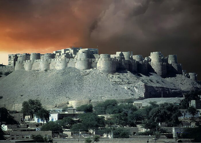Fort Greeting Card featuring the photograph City walls of the fortified city of Jaisalmer by Steve Estvanik