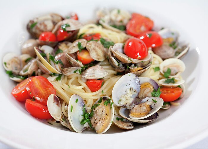 Italian Food Greeting Card featuring the photograph Close Up Of Plate Of Shellfish Pasta by Judith Haeusler