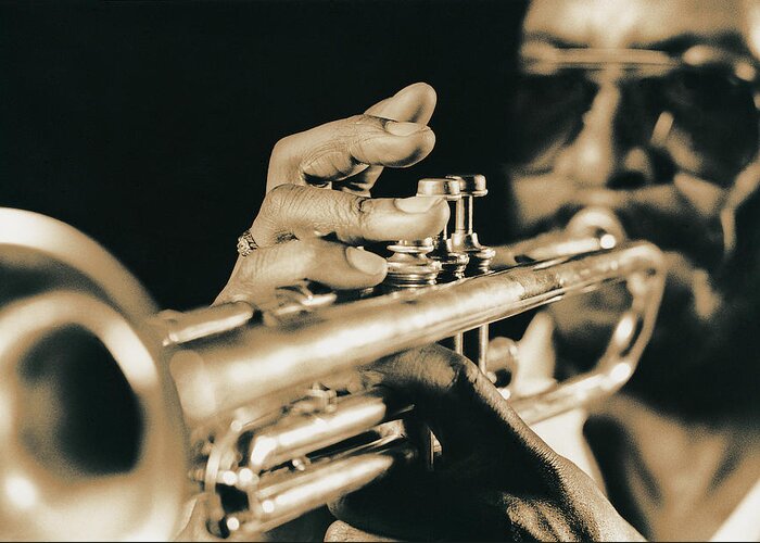 One Man Only Greeting Card featuring the photograph Close-up Of Trumpet Fingering by Digital Vision.