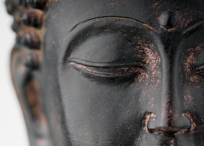 Statue Greeting Card featuring the photograph Closeup Of Black Stone Buddha Face by Wesvandinter