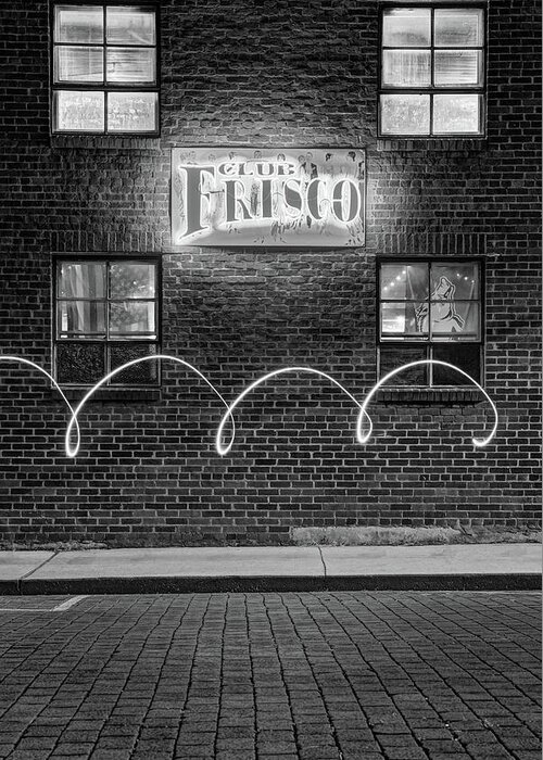 America Greeting Card featuring the photograph Club Frisco Neon and Four Windows - Rogers Arkansas Monochrome by Gregory Ballos