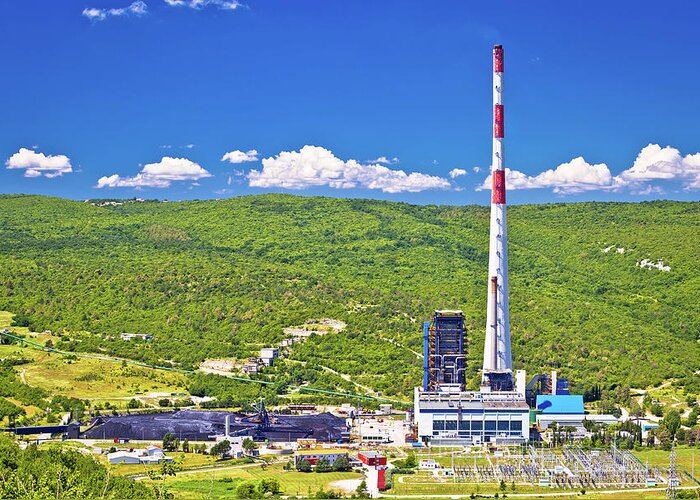 Building Greeting Card featuring the photograph Coal fossil fuel power plant in green Plomin valley and highest by Brch Photography