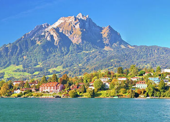 Lucerne Greeting Card featuring the photograph Coast of Lake Lucerne and Pilatus mountain panoramic view by Brch Photography