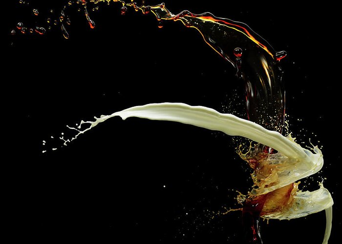 Black Background Greeting Card featuring the photograph Coffee And Cream Splash Colliding by Biwa Studio
