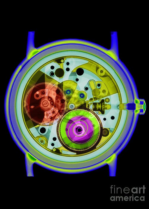 Watch Greeting Card featuring the photograph Coloured X-ray Of A 17-jewel Wrist-watch by D. Roberts/science Photo Library