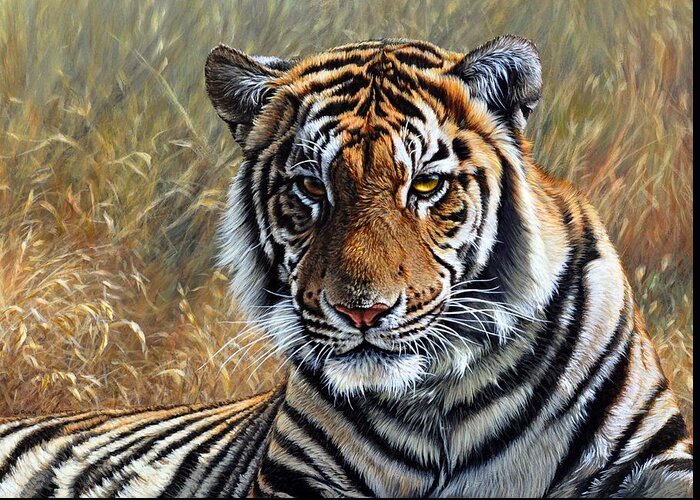 Tiger Greeting Card featuring the painting Contemplation - Tiger Portrait by Alan M Hunt