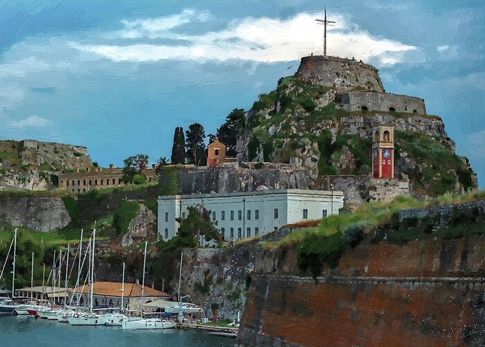 Corfu Greeting Card featuring the painting Coufu Island Harbor and Fortress by Dean Wittle