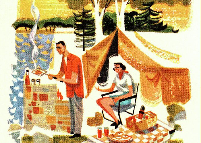 Adventure Greeting Card featuring the drawing Couple Camping and Cooking by CSA Images