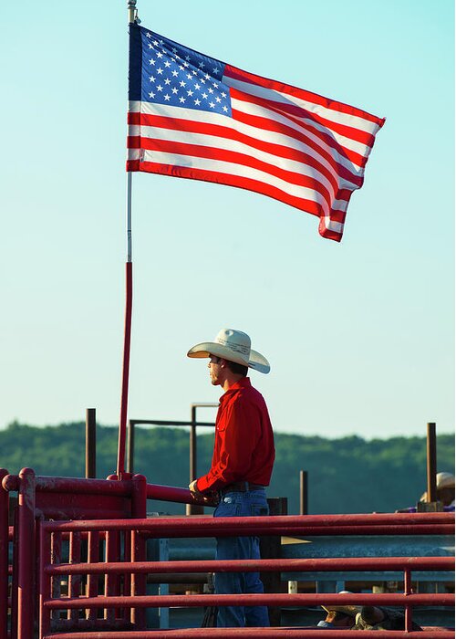 Americanflag Greeting Card featuring the photograph Cowboy and American Flag by Dennis Dame