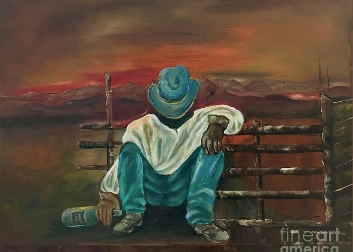 Original Oil Painting Greeting Card featuring the painting Cowboy life by Maria Karlosak