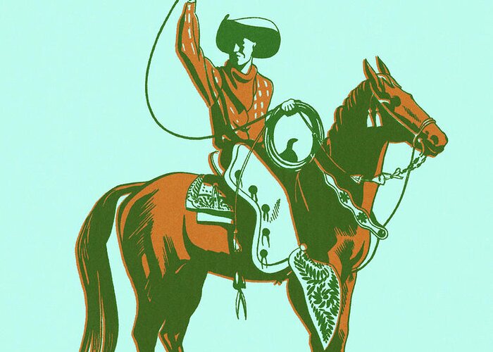 Accessories Greeting Card featuring the drawing Cowboy on Horseback Twirling a Lasso by CSA Images