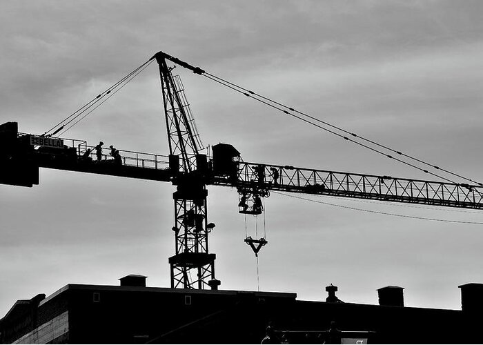 Black & White Greeting Card featuring the photograph Crane and Men Skyline by Jeremy Hall