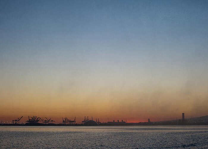 Scenics Greeting Card featuring the photograph Cranes At Long Beach Harbor At Dusk by Alexandre Fp