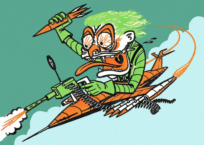 Air Travel Greeting Card featuring the drawing Crazy man in a rocket by CSA Images