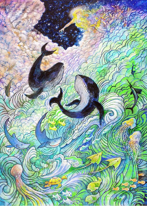 Creation Whales And Fishes Greeting Card featuring the painting Creation Whales And Fishes by Bill Bell