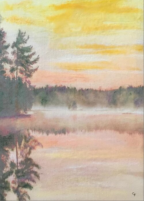 Sunrise Greeting Card featuring the painting Crisp Morning Reflections by Cara Frafjord