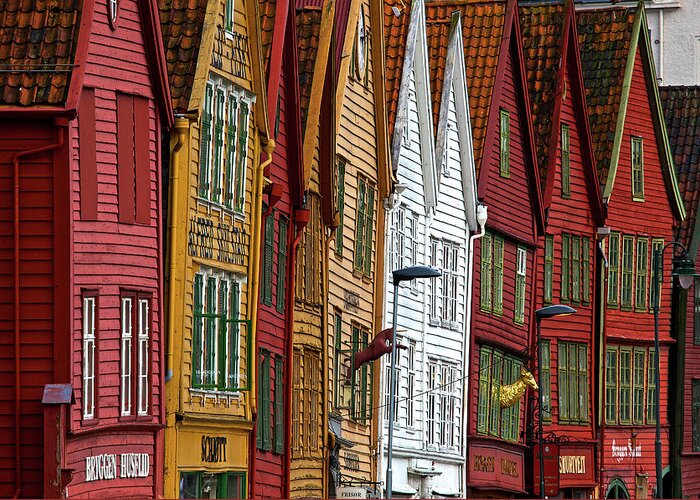 Built Structure Greeting Card featuring the photograph Crooked Houses In Bergen, Norway by © Rozanne Hakala