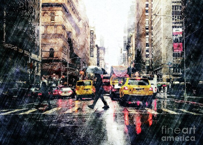 Urban Greeting Card featuring the digital art Crossing Street With Umbrella by Phil Perkins