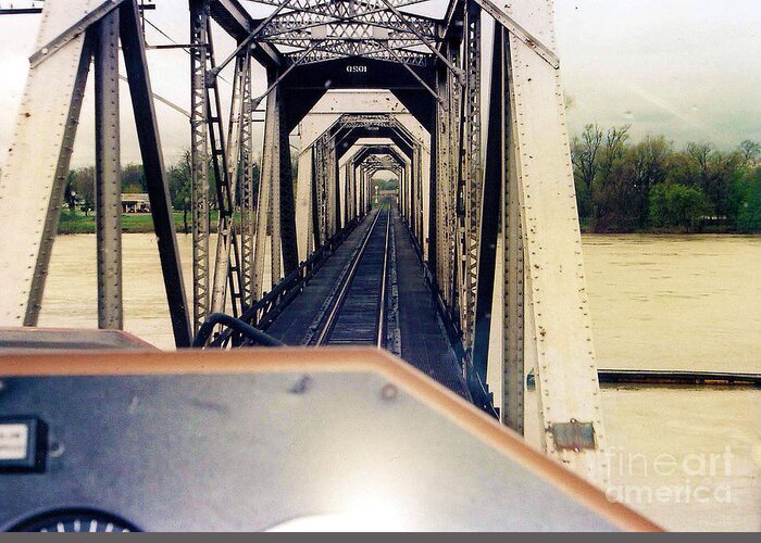 Train Greeting Card featuring the photograph RAIL BRIDGE - Crossing the Sacramento River - Flood Stage by John and Sheri Cockrell