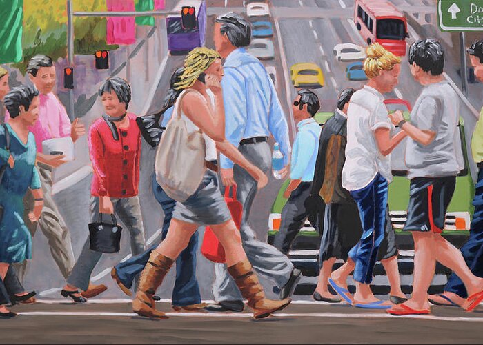 Crosswalk Greeting Card featuring the painting Crosswalk Crowd by Kevin Hughes