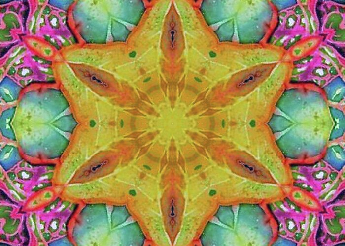 Croton Mandala By Janet Merryman Greeting Card featuring the digital art Croton Mandala by Janet Merryman