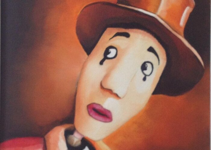 This Is An Oil Painting Of A Puppet. He Is Peeping Around A Corner Looking At His Puppet Creator. He Is Not Used Anymore In Any Puppet Shows. He Is No Longer Used By Any Children Anymore. He Is Hoping To Be Picked For The Next Show. He Becomes Sad Because He Is Once Again Pasted Over. I Painted Tears On His Face To Show His Sad Emotions. The Creator Has Forgotten About Him And Put Him On An Old Dusty Shelf.  Greeting Card featuring the painting Curious Puppet by Martin Schmidt