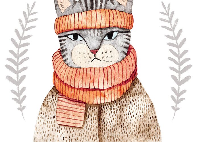 Fur Greeting Card featuring the digital art Cute Cat In Scarf illustration by Maria Sem
