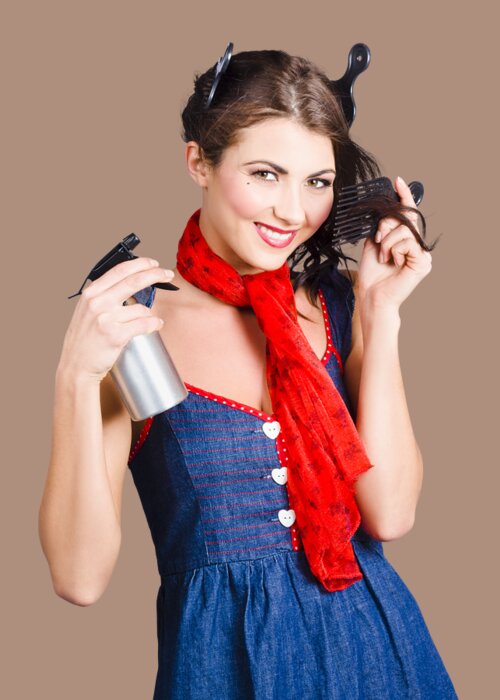 Hair Greeting Card featuring the photograph Cute girl model styling a hairdo. Pinup your hair by Jorgo Photography