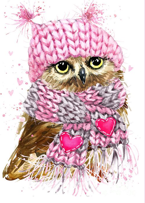 Feather Greeting Card featuring the digital art Cute Owl Watercolor Illustration by Faenkova Elena