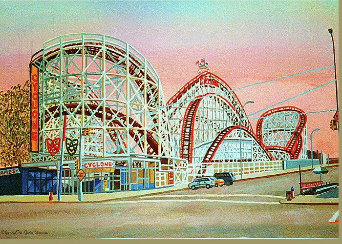  Greeting Card featuring the painting Cyclone Roller Coaster Full Pillow Version by Bonnie Siracusa