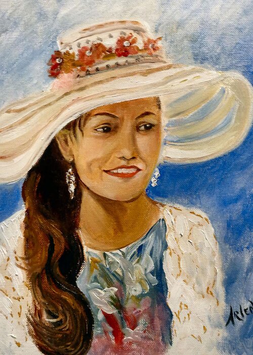  A Lovely Philippine Girl Loves To Dress Up.  Greeting Card featuring the painting Daisy by Arlen Avernian - Thorensen