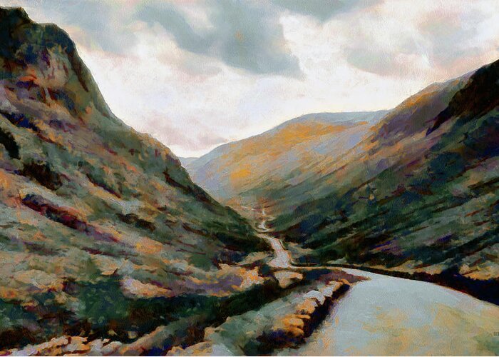 Honister Pass Greeting Card featuring the painting Dark and Moody Honister Pass in Cumbria by Menega Sabidussi