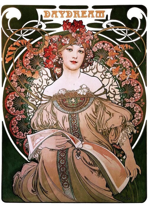 Daydream Greeting Card featuring the painting Daydream by Alphonse Mucha White Background by Rolando Burbon