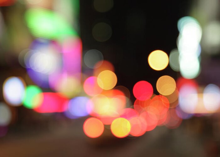 Funky Greeting Card featuring the photograph Defocused Light Dots At Times Square In by Sebastian-julian