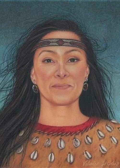Native American Portrait. American Indian Portrait. Face. Long Dark Hair. Native Indian Dress. Four Directions Earrings. Beaded Headband. Artist Self-portrait Greeting Card featuring the painting Delaware Woman by Valerie Evans