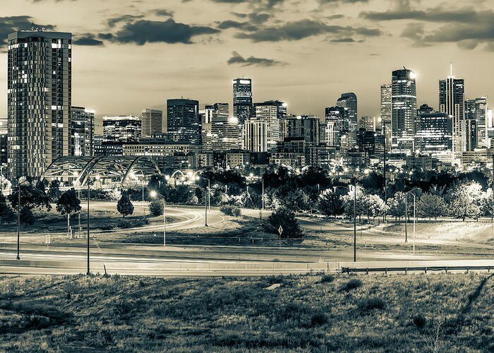 Denver Skyline Greeting Card featuring the photograph Denver Colorado Skyline at Dawn in Sepia Monochrome by Gregory Ballos