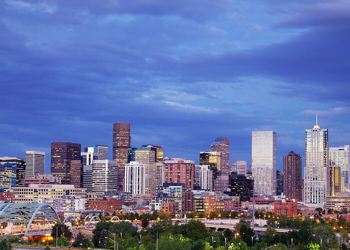 Corporate Business Greeting Card featuring the photograph Denver Skyline At Night by Beklaus