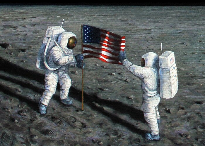 Astronauts Greeting Card featuring the mixed media Deploying The Flag by Lucy West