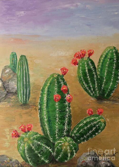 Cactus Greeting Card featuring the painting Desert Bloom by Maria Karlosak