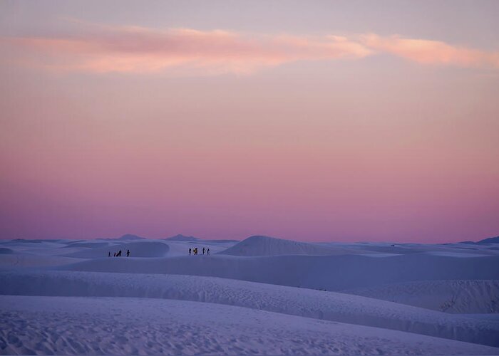 White Sands National Monument Nm Desert Park Dunes Sand Hiking Sunset Pink Purple Cotton Candy Magenta Aqua Greeting Card featuring the photograph Cotton candy colors at White Sands National Monument New Mexico Sunset by Peter Herman