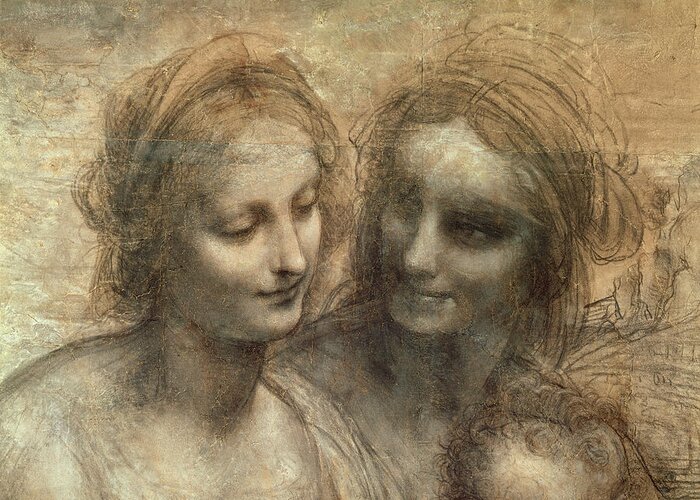 Christian Greeting Card featuring the drawing Detail Of The Heads Of The Virgin And Saint Anne By Leonardo Da Vinci by Leonardo Da Vinci