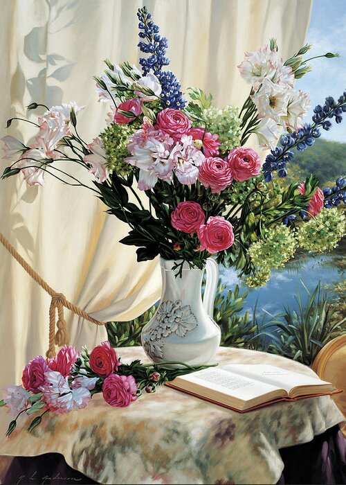 Pink Roses Or Peonies In A Bouquet With Other Flowers In A Vase On A Table By A Window With A Book Open Overlooking Water. Greeting Card featuring the painting Dickinson By The Pond by Robin Anderson